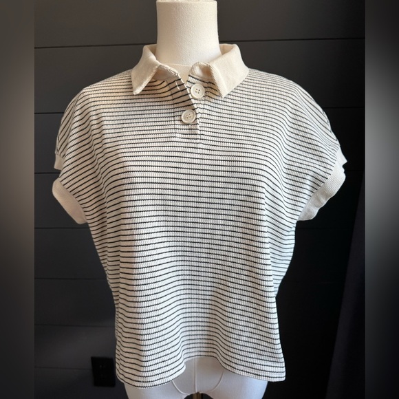 Atelier by Kirious Tops - Atelier by Kirious Two Button Collared Cream and Black Striped Shirt Size M
